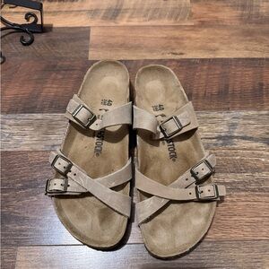 Birkenstock Suede Triple-Strap Sandals in Taupe Brown 40